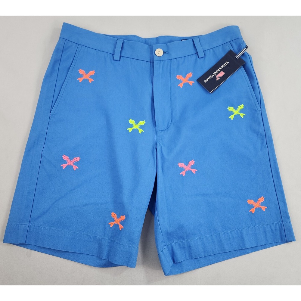 Vineyard Vines breaker shorts W 32 blue pockets zip 9" fish skeletons $89 mens